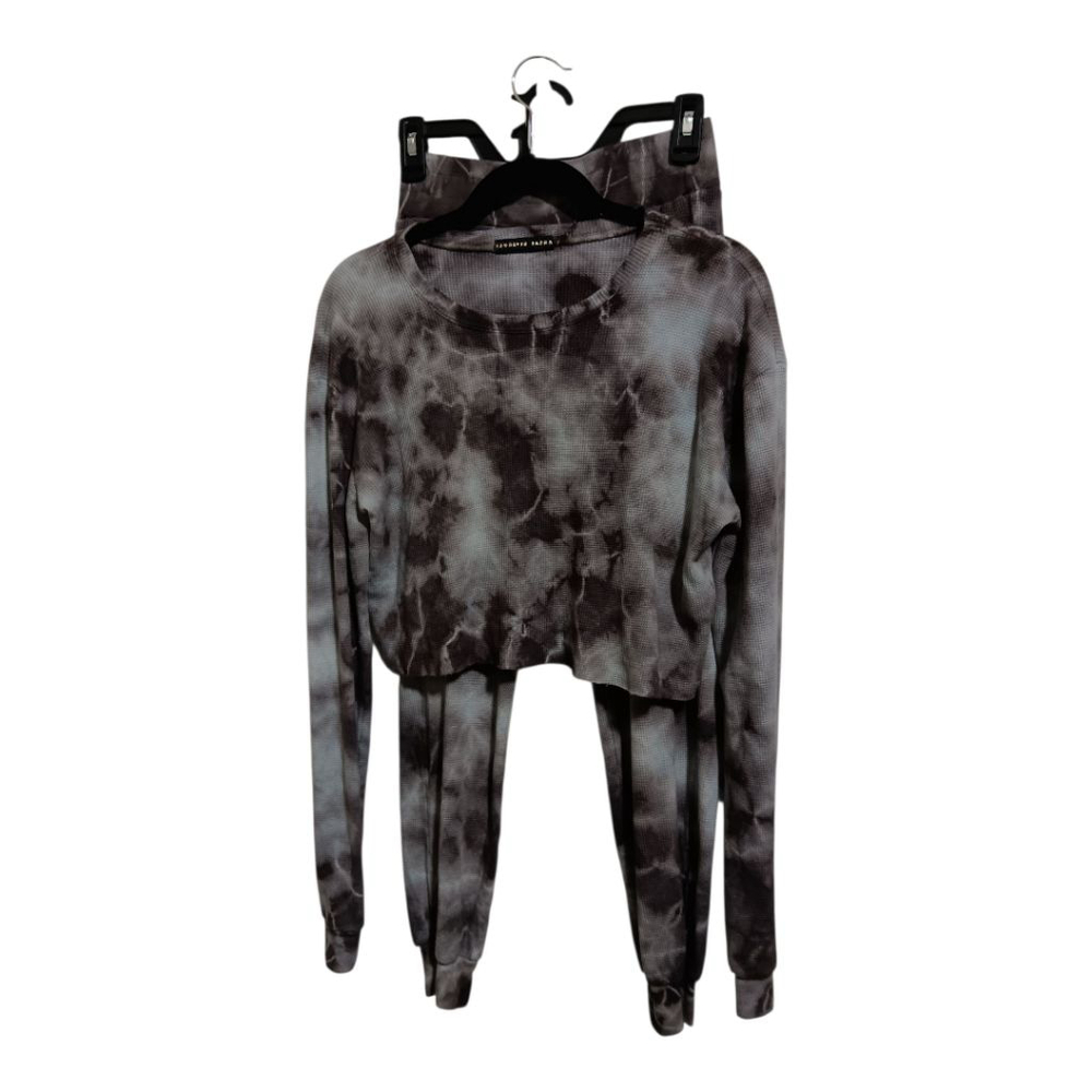 Brooklyn Karma Charcoal Grey Blue Tie Dye Thermal Crew Neck Crop Top & Pants Set - Picture 3 of 17